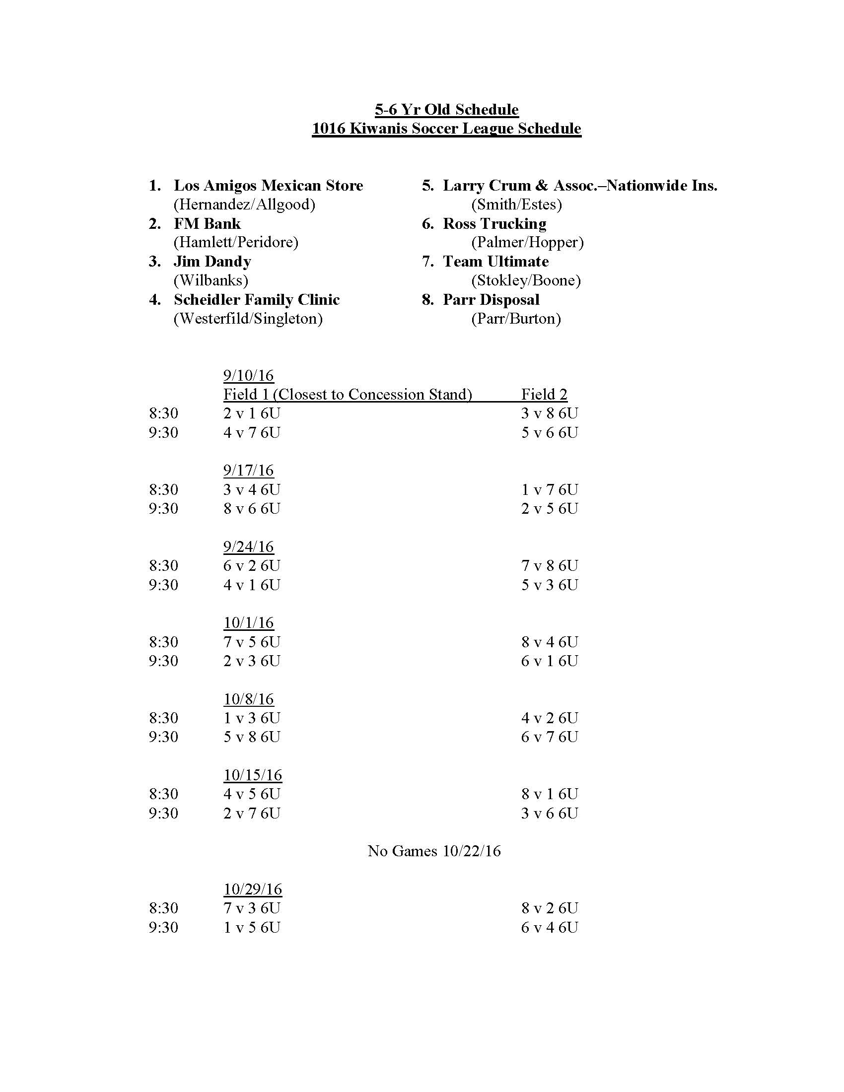 soccer game schedule 6U 2016