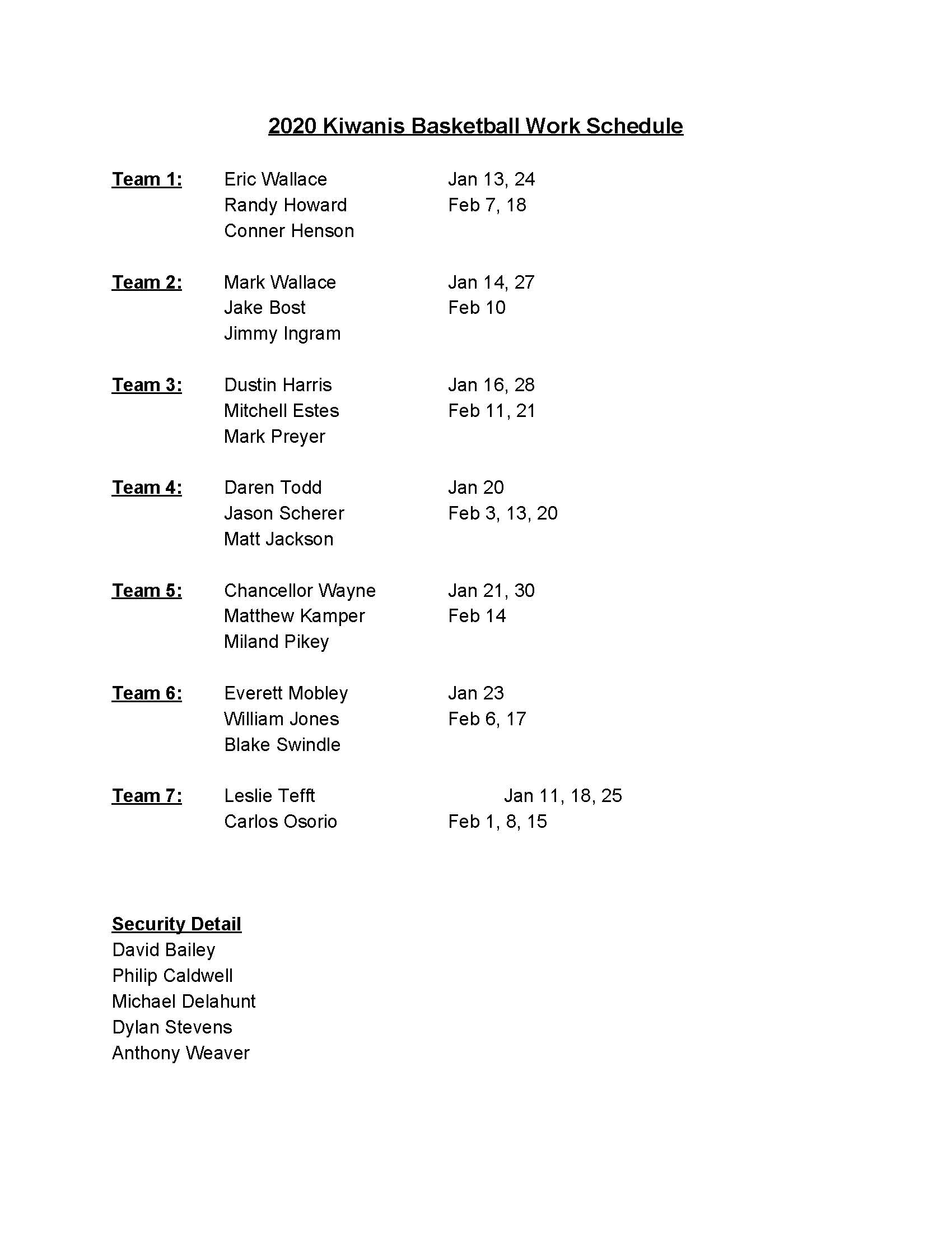 Basketball Work Schedule Kiwanis Club