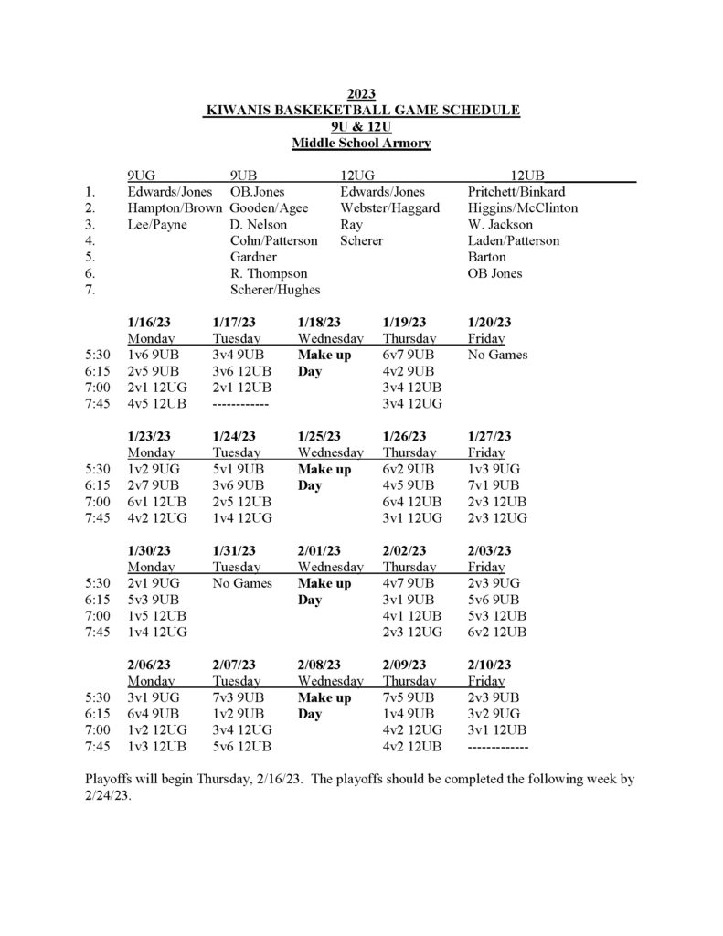 Basketball Schedule 9U and 12U Kiwanis Club